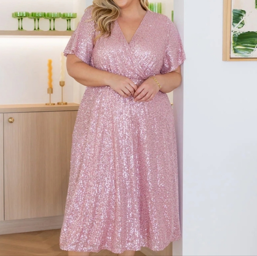 Plus Size Pink Sequin V-Neck Wrap Dress
